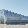 Modern Curved Glass Station Structure With Transparent Roof And Metal Frame Design