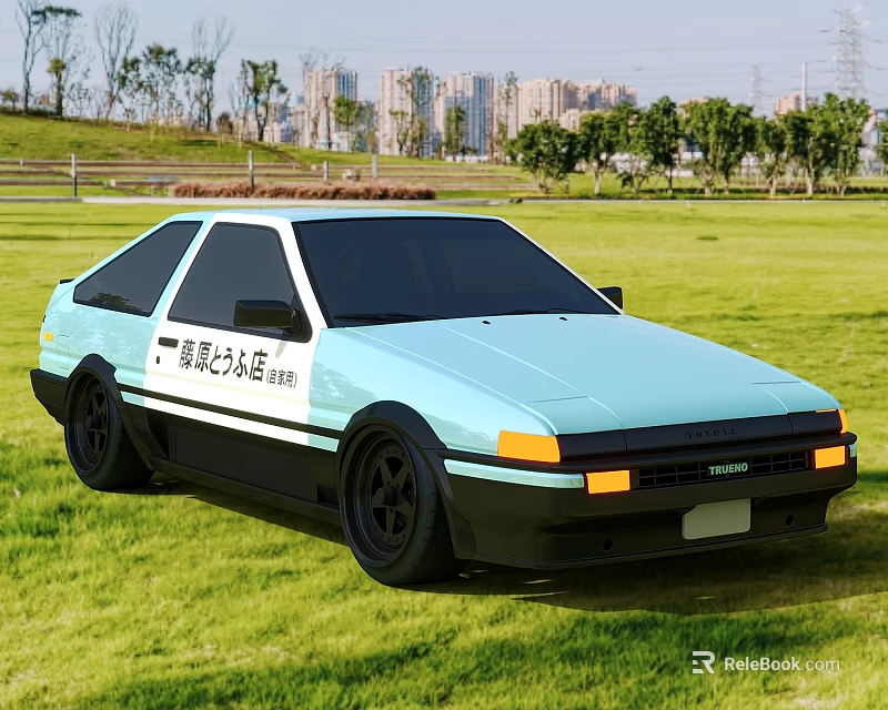 Light Blue Classic Sports Car Parked on Green Grass with Urban Background 3d model 