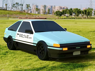 Light Blue Classic Sports Car Parked on Green Grass with Urban Background 3d model