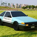 Light Blue Classic Sports Car Parked on Green Grass with Urban Background