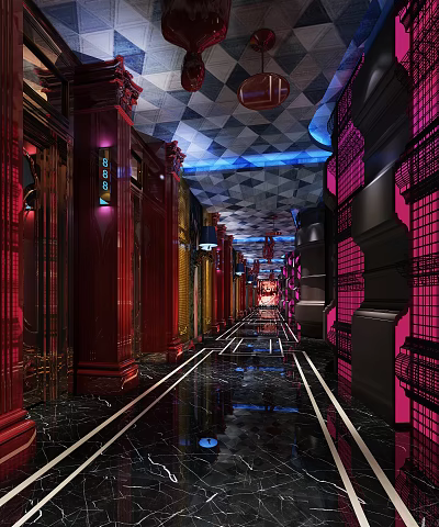 Luxurious Hotel Corridor Featuring Red Pillars Geometric Ceiling Glossy Flooring And Vibrant Lighting 3d model