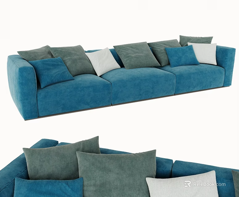 Blue Three Seater Sofa With Multiple Colored Cushions And Velvet Upholstery 3d model