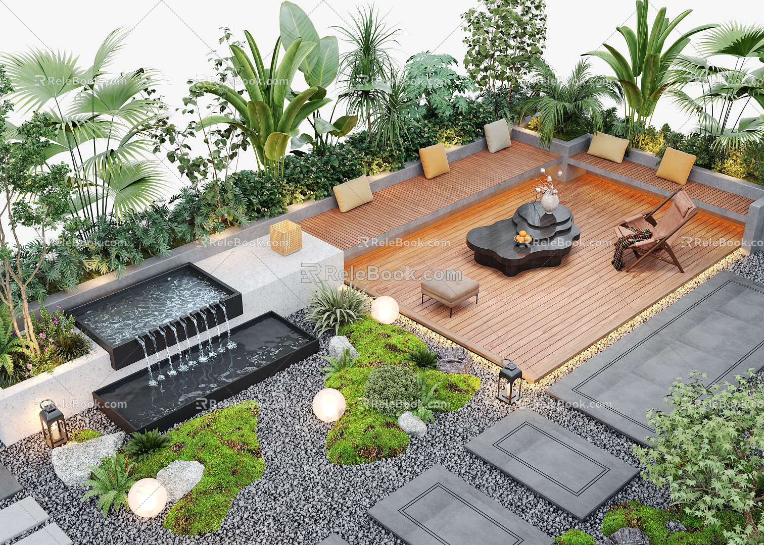 Courtyard Landscape Outdoor Sofa Flower Pool Landscape Plants Outdoor Lighting Waterscape model