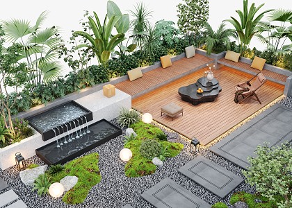 Courtyard Landscape Outdoor Sofa Flower Pool Landscape Plants Outdoor Lighting Waterscape 3d model