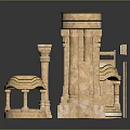 Beige Ornamental Stone Components With Arches Columns Bases On Black Background
