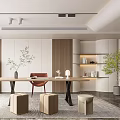 Quiet Study Home Study Desk and Chair Combination Bookcase End View Table Chandelier Wall Decoration Carpet Curtain 3d model