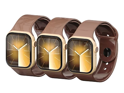 Three Smart Watches With Brown Straps Square Dials And Yellow Gradient Interface 3d model