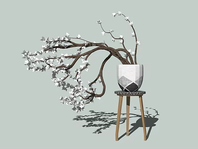 Bonsai Plant With Curved Branches And White Flowers In Geometric Pot On Wooden Stand 3d model