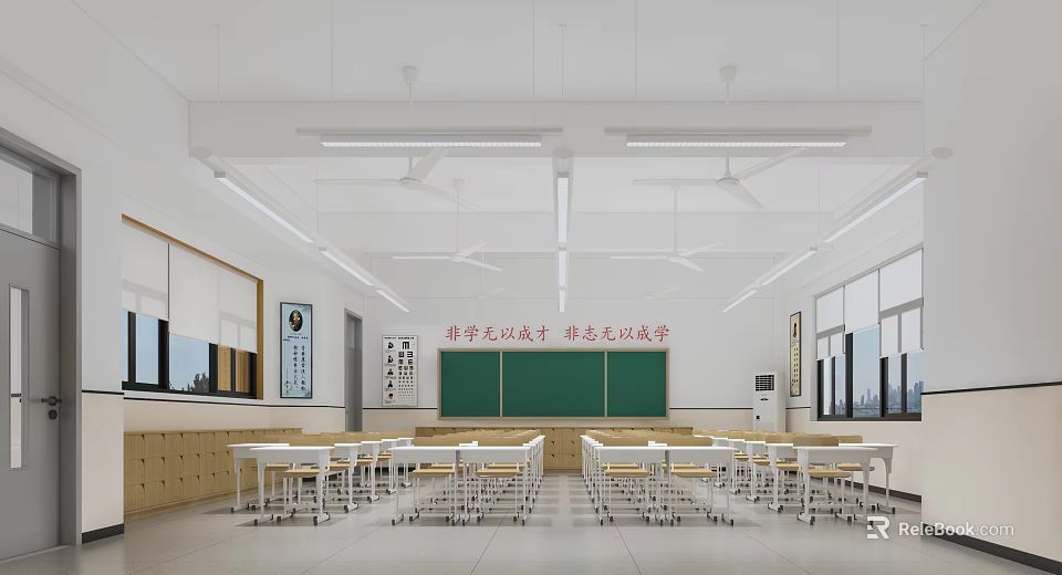 School Spacious Classroom With White Desks Chairs Green Blackboard Wall Slogan And Windows 3d model 