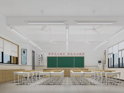 School Spacious Classroom With White Desks Chairs Green Blackboard Wall Slogan And Windows 3d model