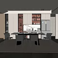 Modern Restaurant Dining Area With Sleek Gray Table Four Chairs Wine Racks And Cabinets