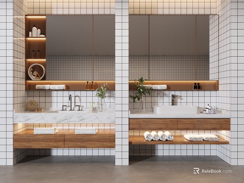 Double Vanity With Marble Countertop White Tiled Wall And Wooden Storage Cabinets 3d model 