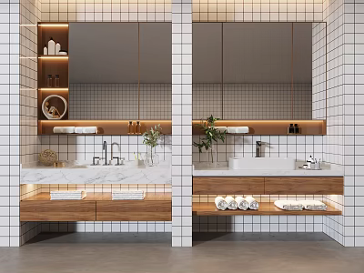 Double Vanity With Marble Countertop White Tiled Wall And Wooden Storage Cabinets 3d model