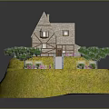 Cartoon Scene Featuring Small House On Yellow Grass With Green Trees Pathway And Pink Flowers