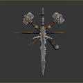 Fantasy Medieval Weapon Assembly With Crossed Sword Dual Hammers And Skull Ornaments