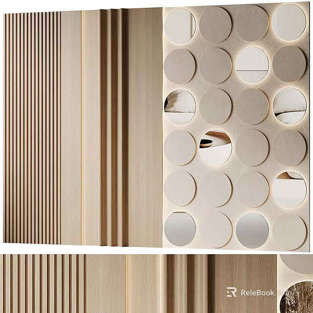 Modern Background Wall Design With Striped Wooden Texture And Circular Hole Mirror Accents 3d model 