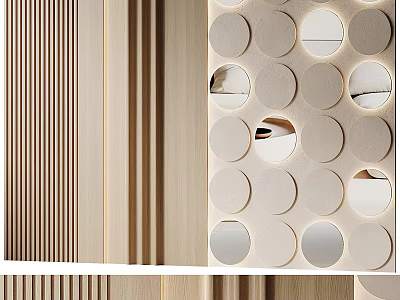 Modern Background Wall Design With Striped Wooden Texture And Circular Hole Mirror Accents 3d model