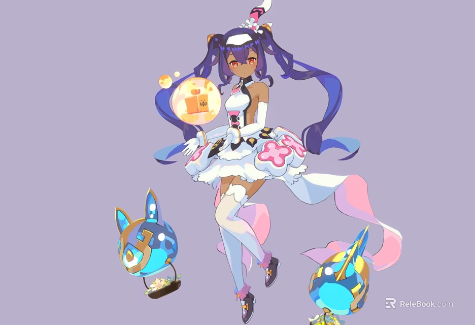Game Anime Character With Purple Twin Tails White Pink Dress And Glowing Orb Companions 3d model 