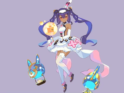 Game Anime Character With Purple Twin Tails White Pink Dress And Glowing Orb Companions 3d model