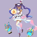 Game Anime Character With Purple Twin Tails White Pink Dress And Glowing Orb Companions