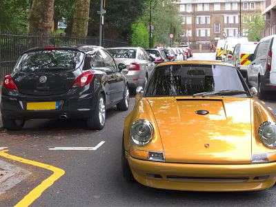 Yellow Sports Car Parked On Roadside With Other Vehicles And Urban Scene 3d model