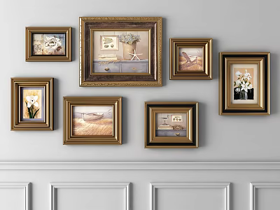 Golden Framed Pictures Wall Decor With Various Artworks And Floral Prints 3d model