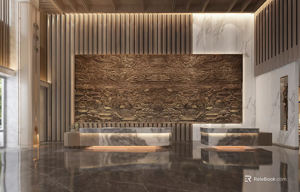 Modern Hotel Lobby With Wooden Slat Panels Marble Wall And Relief Mural 3d model 