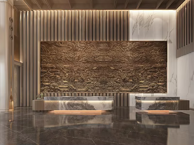 Modern Hotel Lobby With Wooden Slat Panels Marble Wall And Relief Mural 3d model