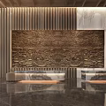 Modern Hotel Lobby With Wooden Slat Panels Marble Wall And Relief Mural
