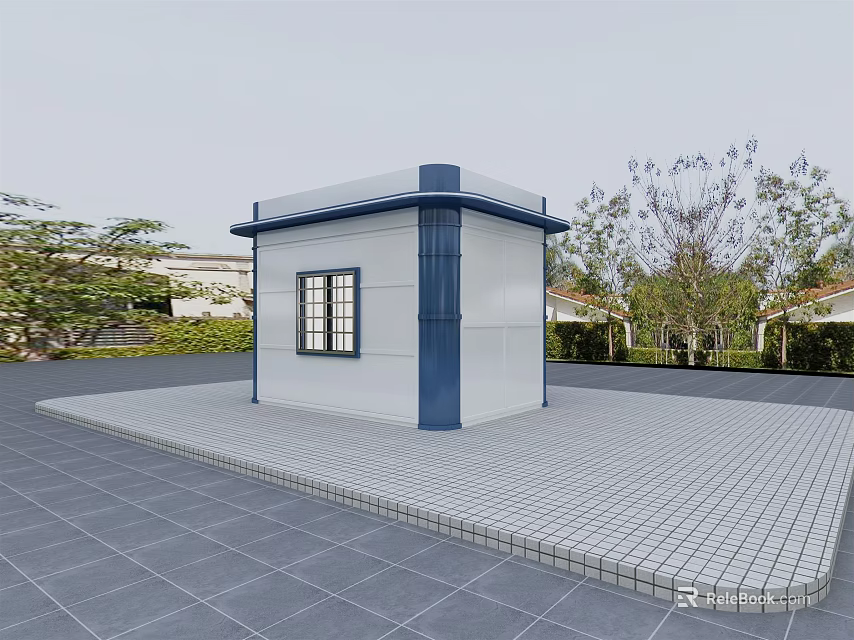 Small White And Blue Building On Tiled Ground With Surrounding Trees 3d model 