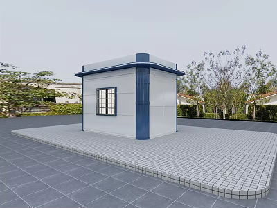 Small White And Blue Building On Tiled Ground With Surrounding Trees 3d model