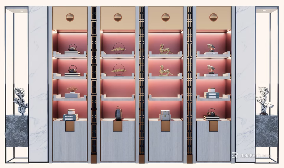 Modern Decorative Cabinets With Pink And White Shelves And Built In Lighting 3d model 