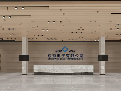 Modern Office Lobby Interior With Wooden Ceiling Marble Reception Desk Columns And Company Logo 3d model