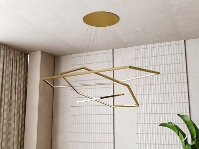 Modern Geometric Chandelier With Golden Metal Frame Above Grid Patterned Wall Curtain And Green Plant 3d model