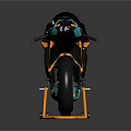 Motorcycle Black Orange Blue Sleek Design With Sporty Body Frame Wheels And Orange Kickstand