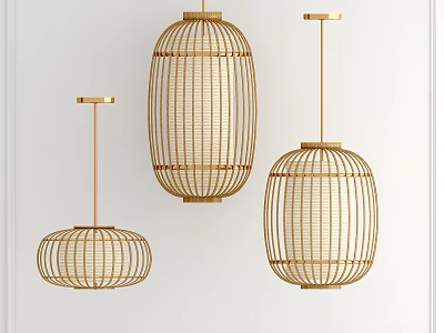 Modern Pendant Lights With Golden Metal Frames Woven Lampshades And Various Shapes 3d model
