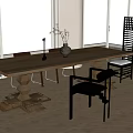Wooden Dining Table Set With Sculptural Base Black Upholstered Chairs And Vase By Large Windows