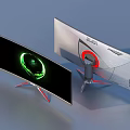 Modern Computer Monitors Featuring Curved Screen Green Display And Red Stand With Geometric Back Design 3d model