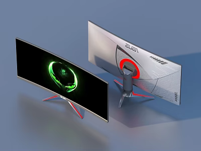 Modern Computer Monitors Featuring Curved Screen Green Display And Red Stand With Geometric Back Design 3d model