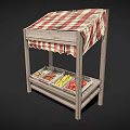 Wooden Food Stall With Red And White Checkered Awning And Transparent Containers For Snacks