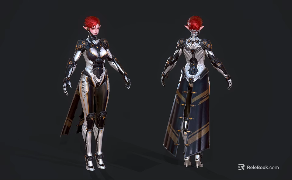 Red Haired Elf Game Character With Metallic Armor And Dual Costume Styles 3d model 
