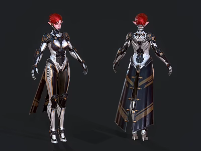 Red Haired Elf Game Character With Metallic Armor And Dual Costume Styles 3d model