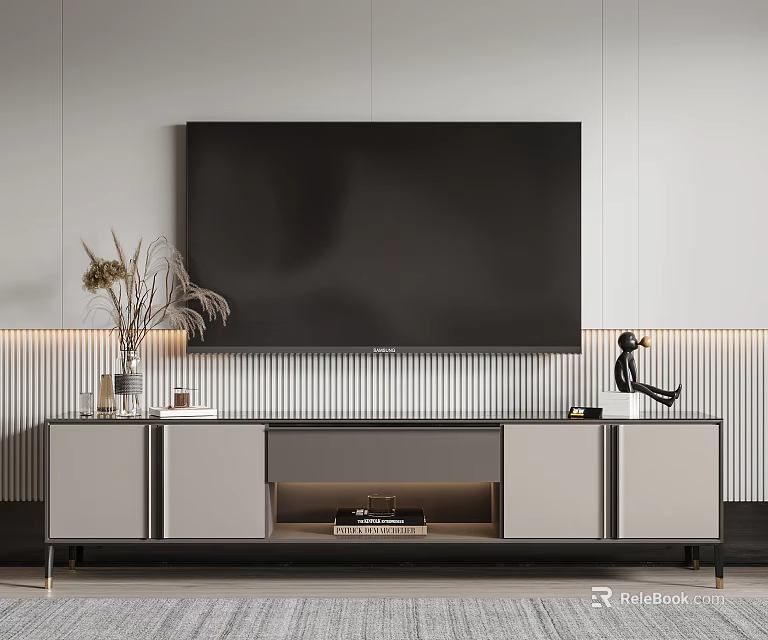 Modern TV Stand With Cabinets Large TV Decorative Vase Figurine And Striped Wall 3d model 