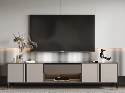 Modern TV Stand With Cabinets Large TV Decorative Vase Figurine And Striped Wall 3d model