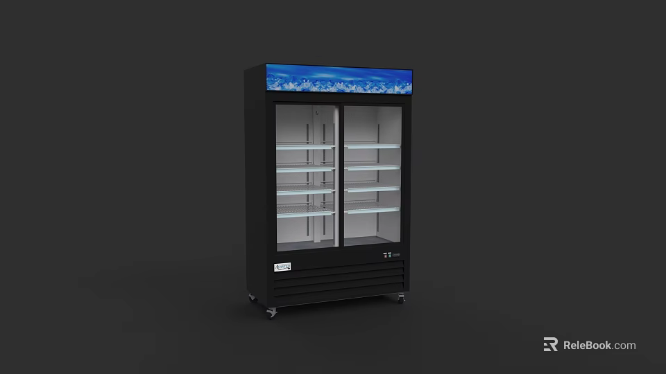 Double Glass Door Display Refrigerator With Black Body Blue Top And Multiple Shelves 3d model 