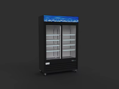Double Glass Door Display Refrigerator With Black Body Blue Top And Multiple Shelves 3d model