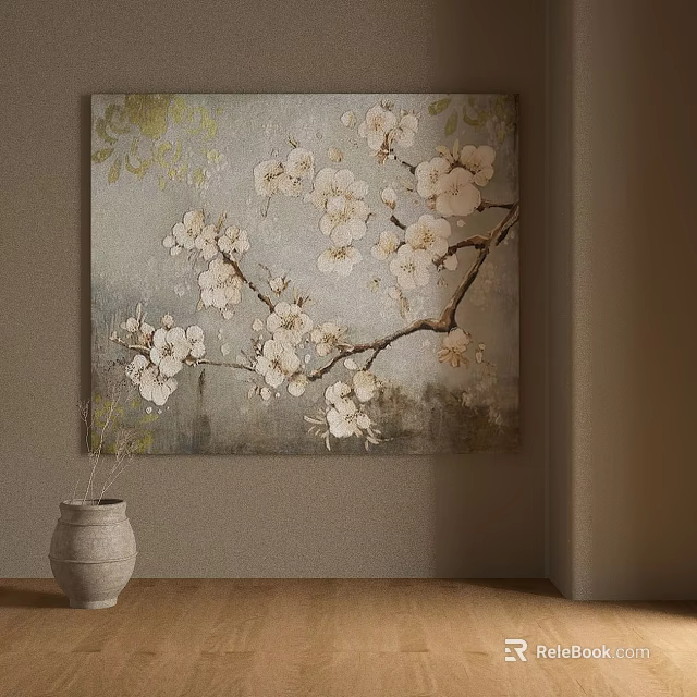 Elegant Botanical Painting With White Flowers And Branches On Neutral Background 3d model 