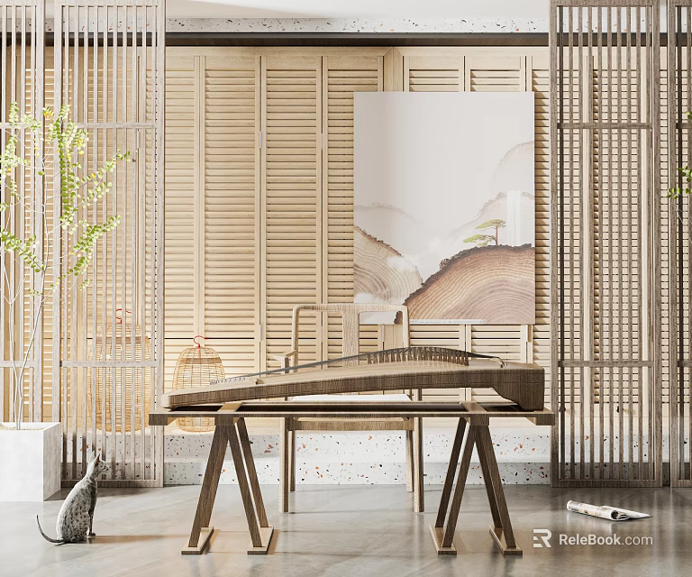 Traditional Musical Instruments and Art Supplies in Bamboo Interior with Chinese Paintings and Natural Elements 3d model 