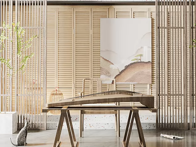 Traditional Musical Instruments and Art Supplies in Bamboo Interior with Chinese Paintings and Natural Elements 3d model