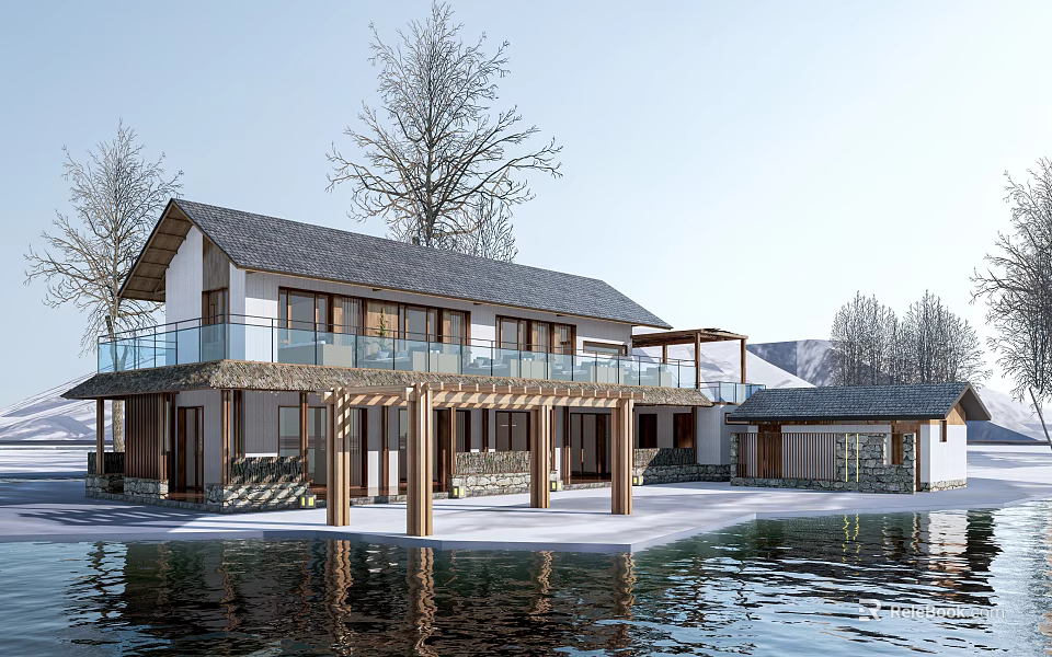 Modern Rural Self Built House With Glass Balcony Wooden Structure And Waterfront View 3d model 